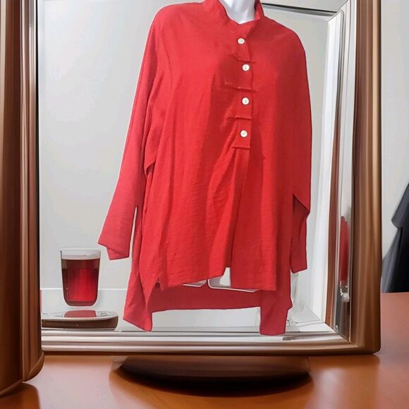 Vintage Christopher Calvin 1X Red Mandarin Nehru Collar Button Down Tunic Top - Picture 2 of 10